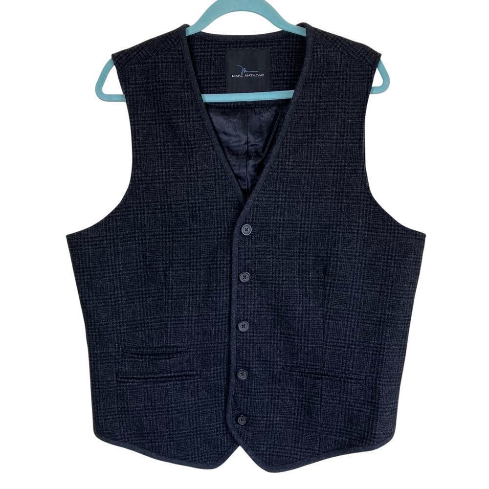 Marc Anthony Mens XL Wool Blend Houndstooth Plaid Vest Waiscoat Black Tailored